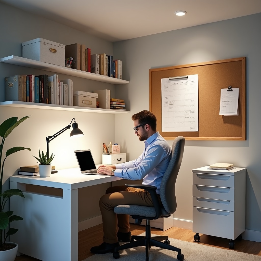Organized home office with efficient workspace