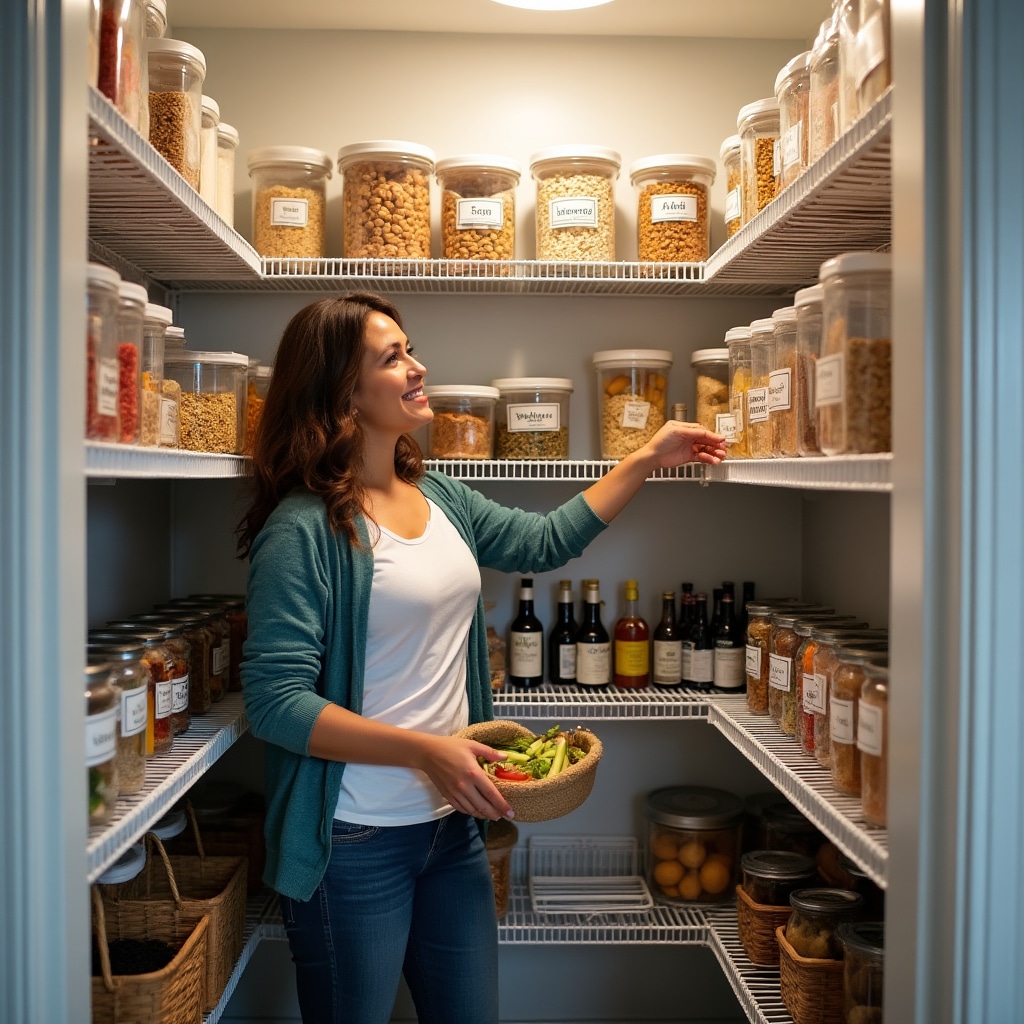 Organized kitchen with labeled pantry and storage