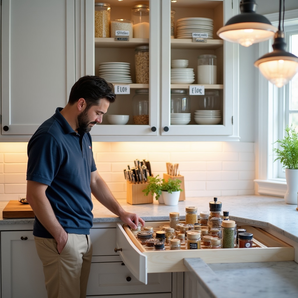 Well-organized kitchen with labeled storage systems