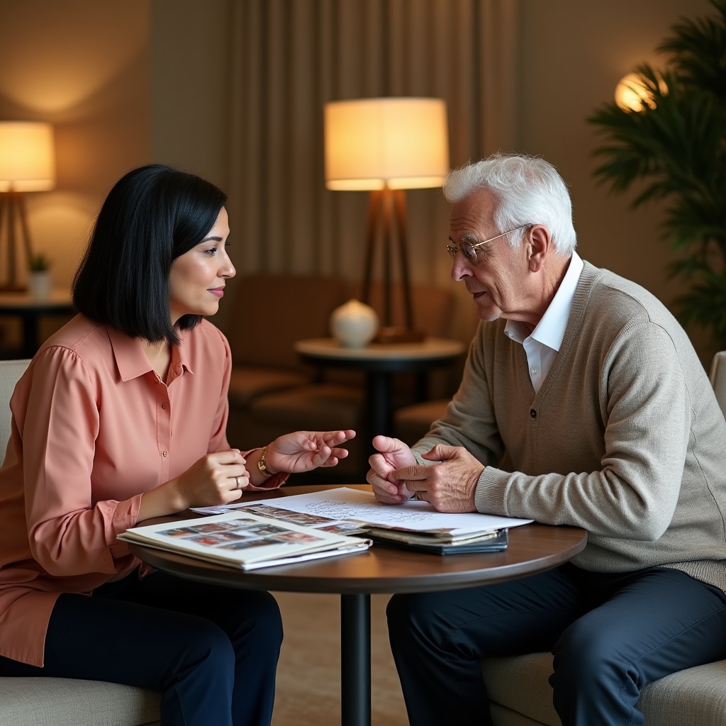 Organizer having thoughtful discussion with senior client
